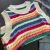 Rainbow Dopamine Heavy Knitted Sleeveless Vest Womens Hollow Design Round Necklace Colorful