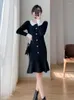 Casual Dresses Women Plus Size Sexy Club Elegant Black White Patchwork Long Sleeve Korean Doll Neck Party Knit Dress 2023 Autumn Button