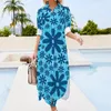 Sukienki swobodne Blue Daisy Print Szyfonowa sukienka retro kwiaty Śliczna żeńska koreańska moda koreańska v szyja niestandardowa wielka rozmiar