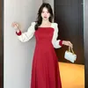 Casual Dresses Autumn Fashion Square Collar Women's Dress Temperament Patchwork Elegant Long Sleeve All-Match Simple Wedding Banket Frocks