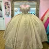 Champagne Princess High Neck Ball Gown Quinceanera Dresses Off Shoulder Beads Appliques Pearls Luxury Vestidos De 15 Anos