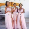 Sheer szyi długi rozłam szyfonowy sukienki druhny różowe sukienki imprezowe 2019 Nowa długość podłogi Suknie 264p
