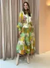 Urban Sexy Dresses Floral Printed Lantern Sleeve Long Dres Elegant Laple Single Button Vestidos Fashion Beach Vacation Lace Up Robe 230911