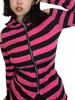 Women's Hoodies Women S Stripe Print Hoodie Pullover Cold Shoulder Long Sleeve Zipper Closure Sweatshirt Slim Coat With Ear