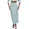 Kjolar långa kvinnor kläder hög midja med fickor lapptäcke 2023 mode fast färg casual safari stil rak maxi kjol