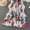 MagnificentBasic Casual Spring Women Round Neck Half Sleeve Pleated Dress With Belt Elegant Vestidos Black White Ladies Mid-Length Flower Print 2024 HKD230912