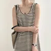 Casual Dresses Summer Beach Vintage Striped Dress For Women 2023 Sleeveless Loose Elegant Soft O-Neck Black Tank Top Long Robe