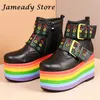 Boots Rainbow Chunky Heel Women Flat Platform Buckkle Strap Genuine Leather Ankle Female Causal Super High Botas 230912