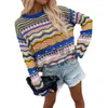 Kvinnors tröjor Rainbow Sweater Autumn Winter Women Casual Round Neck Long Sleeve Loose Pullovers Lady Patchwork Knittad randig tröja