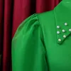 Robes décontractées Robe moulante élégante Femmes Turn Down Collier Perlé Lanterne Manches Paquet Hanche Mi-mollet Fête d'anniversaire Classy Célébrer Robes