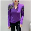 Women's T Shirts Autumn Winter Cotton T-shirt Women Sexy V-neck Shiny Diamonds Slim Top Long Sleeve Tees