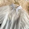 Kadınlar Blouses Kore Şık Yaz Vintage Elmaslar Dönüş Yaka Asimetri Gömlek Kadınlar Puf Kılıf Tek Bravatalı Üstler Fransızca