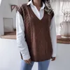 Kadın Sweaters Düz renkli kazak yeleği sonbahar kış retro v yakalı kolsuz hırka kadın yumuşak temel kazak büyük boy üst