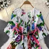 MagnificentBasic Casual Spring Women Round Neck Half Sleeve Pleated Dress With Belt Elegant Vestidos Black White Ladies Mid-Length Flower Print 2024 HKD230912