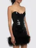 BEVENCCEL 2023 Zomer vrouwen Zwarte Mode Pailletten Veer Strapless Sexy Mini Strakke Jurk Elegante Celebrity Party