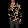 Męskie koszule luksusowe moda Złota łańcuch z nadrukiem 3D z długimi rękawami