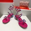 高品質のRene Caovilla Flip Flops Sandals Fashion Women 4.5cm Chunky Heel Designerカジュアルラインストーンスネークラップアンクルストラップパーティー革女性サンダル