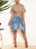 Skirts Skirts Echoine Hight Waist Blue Denim Skirt Tassel Patchwork Washing Old Ripped Women Streetwear Jeans Fashion Casual Clothing L230912