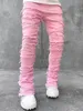 Jeans da uomo vestibilità regolare toppe impilate vestiti dritti distrutti effetto jeans casual streetwear