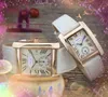 Dos medios pines para mujer Reloj para hombre Alta calidad Cuarzo automático Fecha Cuadrado Tanque romano Diseño imprescindible Caja de acero inoxidable Oro rosa Plata Relojes súper brillantes Regalos