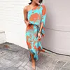 Urban Sexy Dresse Muster Print Side Split Maxi Kleid Sommer Mode Diagonal Kragen Batwing Hülse Strand Dame Backless Vestidos 230911