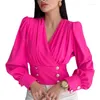 Women's Polos Shirt V-neck Sexy Long Sleeve Short Waist Wrapped Bubble Solid Color Pleated Clothes For Women Fashion Gift