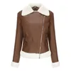 Abrigo corto marrón cálido vintage de cuero para mujer, chaqueta informal con cuello de manga larga para otoño e invierno