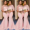 Blush Pink African Nigerian sjöjungfru brudtärna klänningar med ärm 2023 Sheer spetshals plus storlek Maid of Honor Wedding Guest Gown