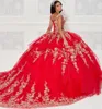 Czerwona suknia balowa sukienki Quinceanera Sukienki z koralikami Suknie balowe z dekoltu na ramionach Tiul Tiul Sweet 15 Corset Sukienka maskarady