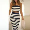 Work Dresses Sexy Strapless Crop Tops And A-Line Skirts Knitted Suit Spring Striped Print Women Sets Summer Backless Hollow Two Piece