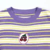 Gilets de Style japonais pour femmes, fille cerise, autocollant de fruits brodé, rayures violettes, gilet fin tricoté pour étudiante