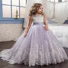 Beautiful Purple and White Flower Girls Dresses Beaded Lace Appliqued Bows Pageant Gowns for Kids Wedding Party Dresses For Girl296U