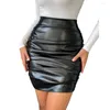 Saias femininas bainha saia de couro falso cintura alta plissado zíper cor sólida suave clubwear magro senhora festa mini envoltório hip