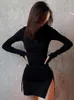 Городские сексуальные платья Goth Dark Mall Готический шнурок Bodycon Женское мини Y2k Панк Черное платье с длинными рукавами с разрезом Гранж Базовая одежда для вечеринок 230911