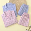 Damen-Nachtwäsche WIKISSPJS 2023 Frühling Herbst Twill Pyjamas Anzug Plaid Housewear für Frauen Zweiteiliges Set Sommer