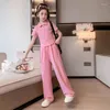 Clothing Sets Young Girls Outfits Set Summer Casual Crop Top And Wide Leg Pants Teen Kids Clothes Two Pieces Green Pink Children Suit