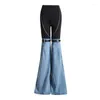 Calças de brim femininas 2023 preto elástico de malha contraste fio brilhante emenda decorativa high street estilo denim calças casuais para mulher