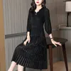 Casual Dresses Spring Autumn Solid Color Knitted Elegant V-Neck Female Clothing Gauze Patchwork Stylish Pleated Sequined Midi Dress