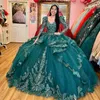 Emerald green V-Neck Quinceanera Dresses Appliques Lace Beading Long Sleeved Ball Gown Birthday Gown Vestidos De 15 Anos Sweet 16