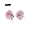 Orecchini a bottone TDQUEEN perline di pietra di colore rosa opale con conchiglia naturale, gioielli per orecchie di uccelli e fiori per le donne