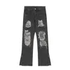 Jeans pour hommes Noir Rivet perforé Industrie lourde Pantalon déchiré pour hommes 2023 Slim Flared Streetwear Washed Hole Denim