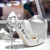 Zapatos de vestir elegantes de seda para mujer, tacones de hojas, tacones altos, flores, boda, diseño de marca, zapatos de punta estrecha, tacón alto para mujer 230912