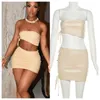 Robes de travail Été Sexy PU Cuir Bandage Deux Pièces Ensemble Femmes Oeillet À Lacets Sans Bretelles Haut Court Moulante Mini Jupes Slim Club Costumes De Fête