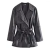 Giacca nera oversize lunga da donna in pelle Pu da donna con cintura Manica autunnale Colletto rovesciato Soprabito Giacca a vento femminile Cappotto invernale