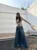Kadınlar Kot Parklı Koyu Mavi Yüksek Belli Zippers Düğmesi Geniş Bacak Pantolonları Denim Patchwork Mop Kadın Gevşek Takım