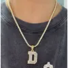 Iced Out Moissanite Diamond Yellow Gold Plated Round Mix Baguette Initial d Letter Pendant with 3mm Tennis Chain