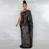 MagnificentCasual Woman Dress Brodery Sequin Mesh Women Sexig One Shoulder Full Sleeve Floor Length Party Gown Female Long Robe S-3XL HKD230912