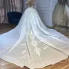 Strass cristais vestido de noiva africano sereia vestido sheer o pescoço plissado manga longa vestidos de noiva rendas apliques vestidos de novia trem destacável