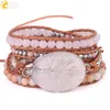 Bangle Csja Tree of Life Women Jewelry Natural Pink Quartz Crystal Stone Charms Armband läder flätade ädelstenar pärlor wrap armband s349 230911