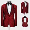 Dark Red Men Wedding Tuxedos Gorgeous Tailored 3D Flower Appliques Beading Jacket Coat Prom Party Wear Pants Suits 3 Pieces